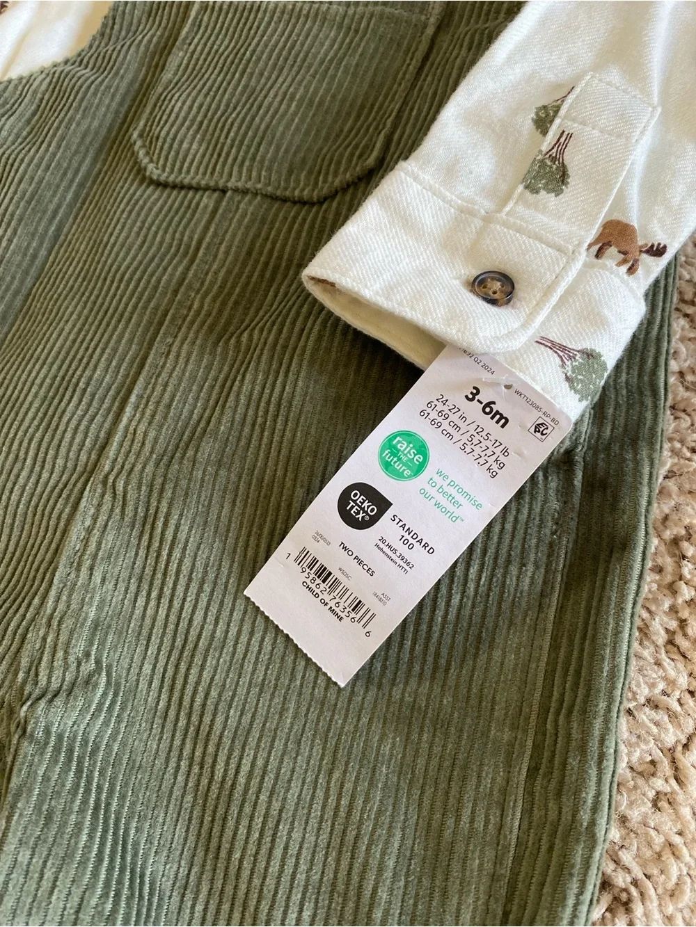 Carters boys green corduroy collared overall set 3-6 months New